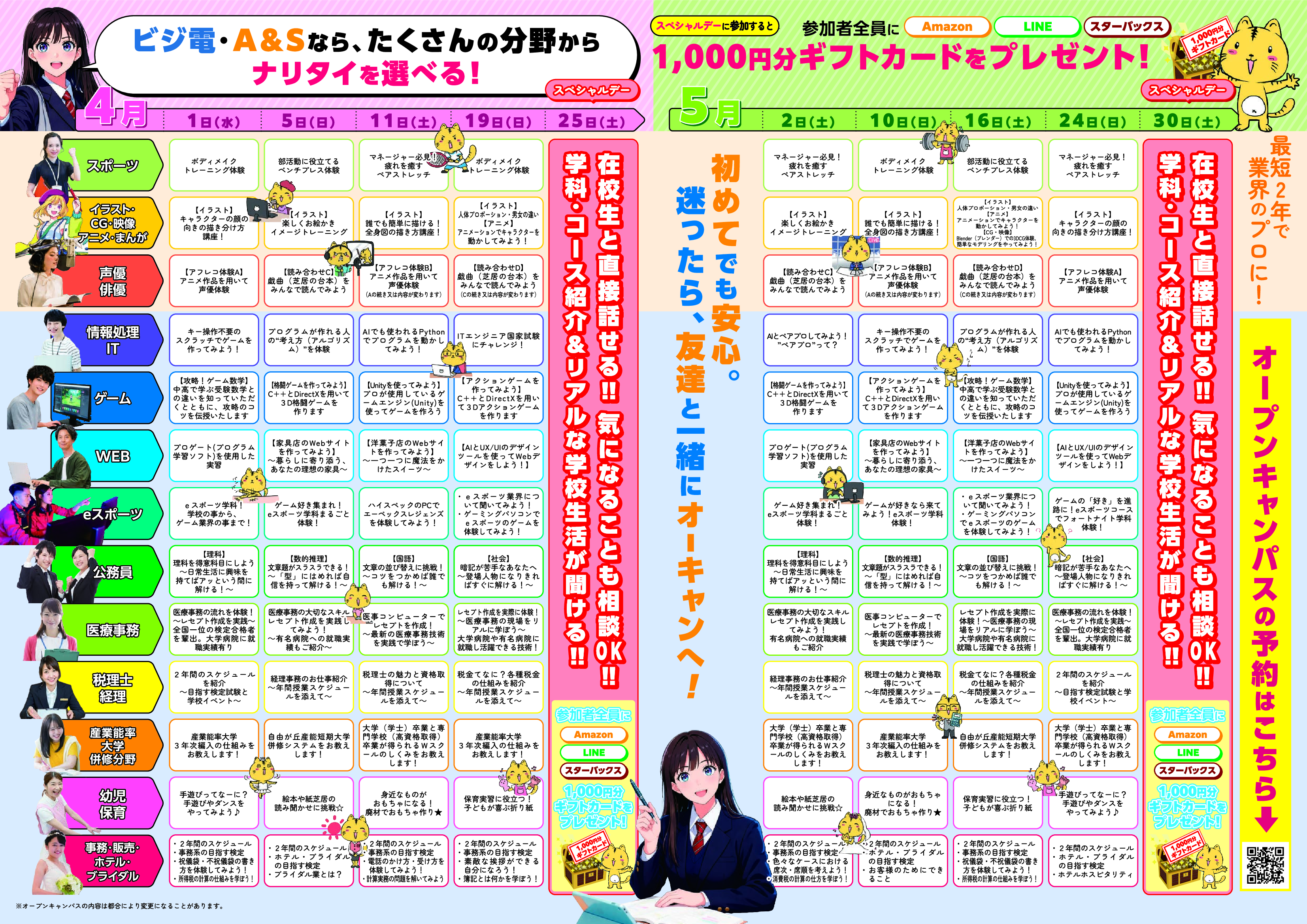 宇都宮の専門学校　アート&スポーツ専門学校のオープンキャンパスメニュー