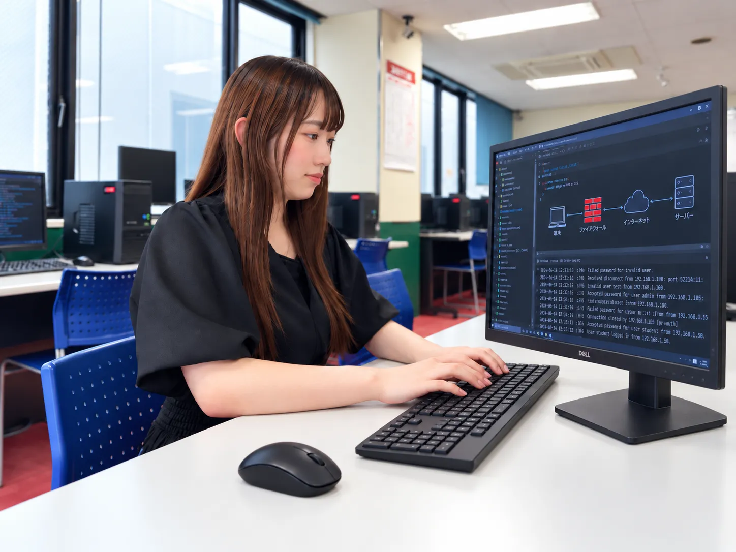 女性がパソコンで情報セキュリティを学ぶイメージ