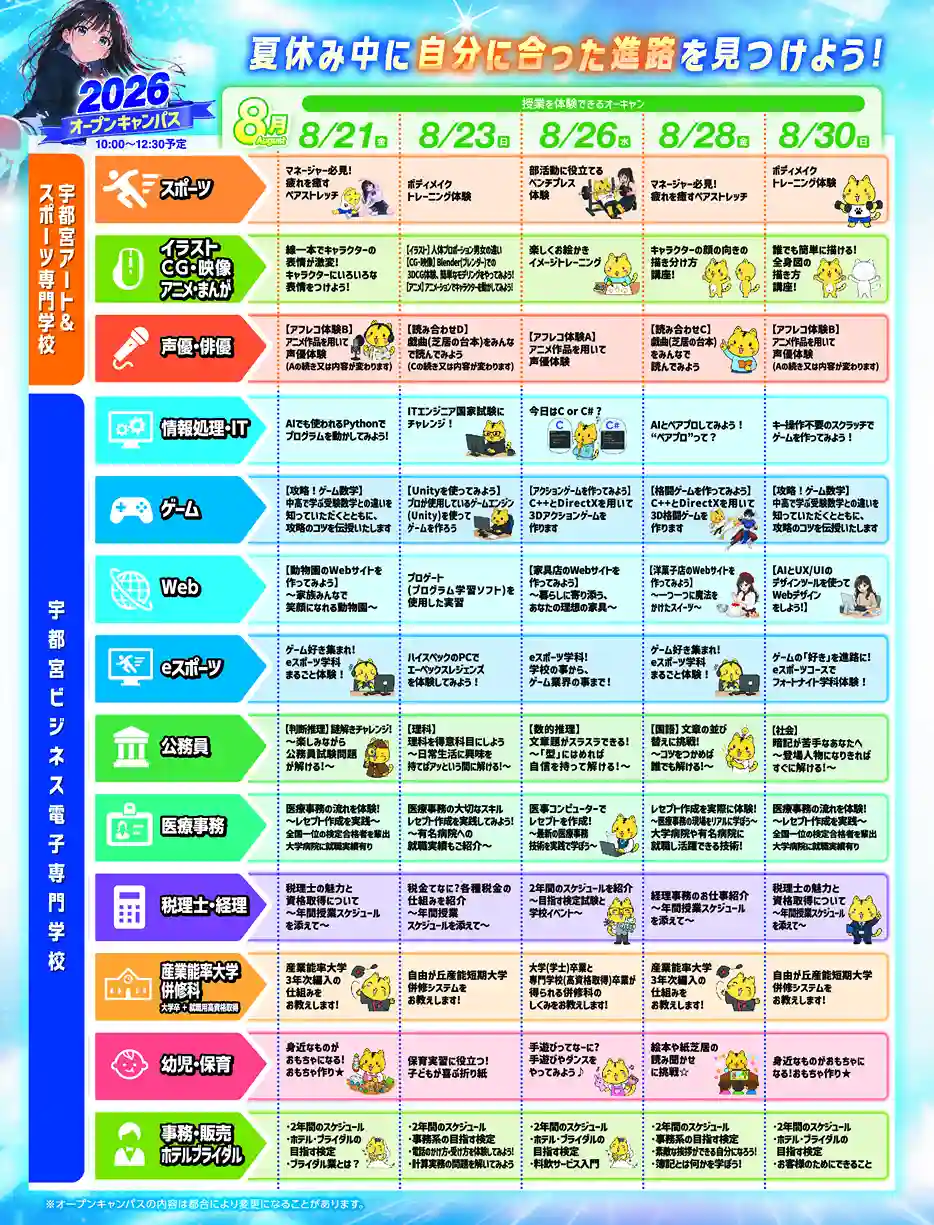 宇都宮の専門学校　アート&スポーツ専門学校のオープンキャンパスメニュー